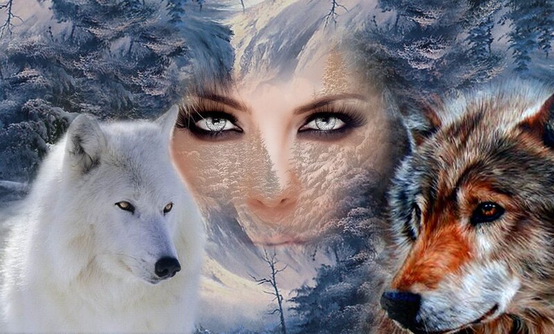Woman with Two Wolves — White, Mystical