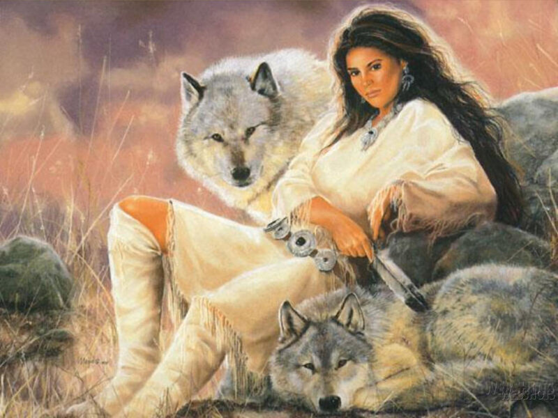 Woman with Two Wolves — White, Serene, Sunset