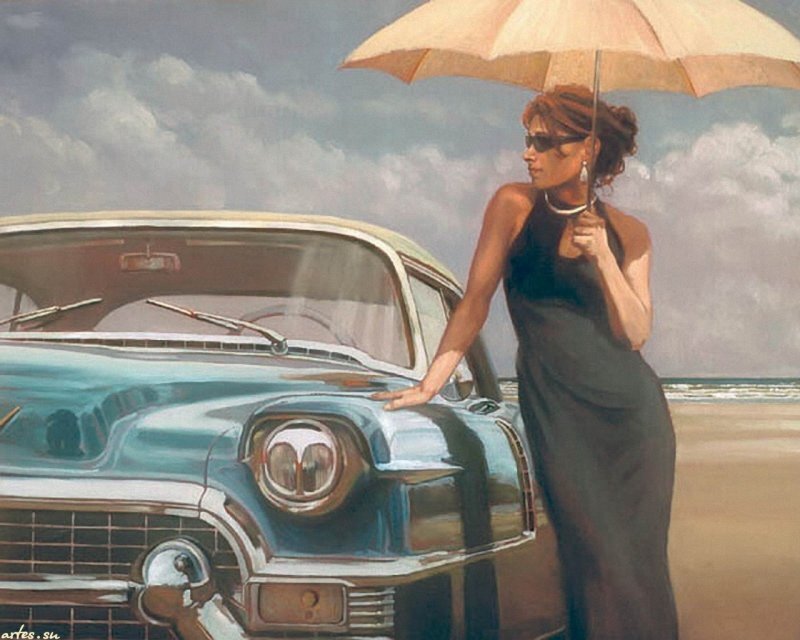 Woman with Umbrella and Car