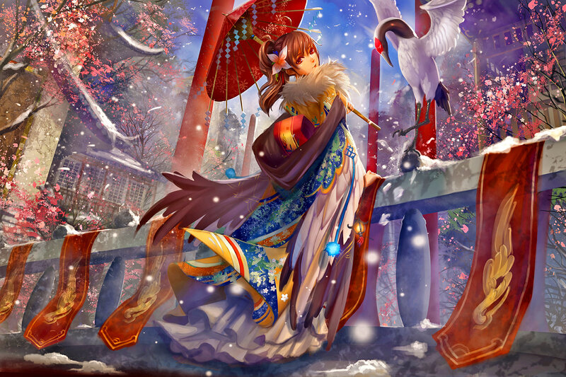 Woman with Umbrella and Crane — Red