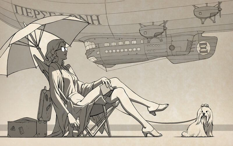 Woman with umbrella and dog