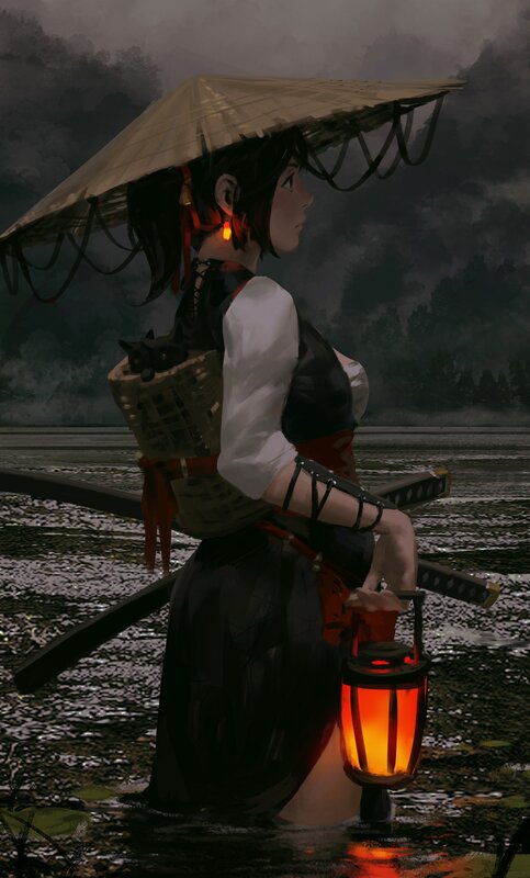 Woman with Umbrella and Lantern