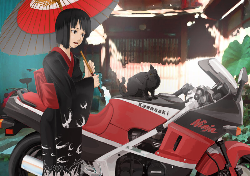 Woman with umbrella and motorcycle