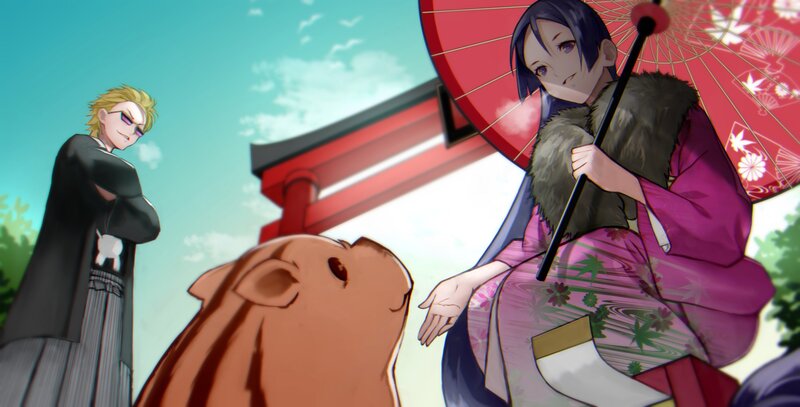 Woman with Umbrella and Pig