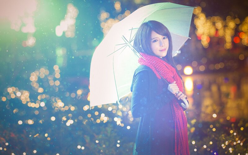 Woman with umbrella at night