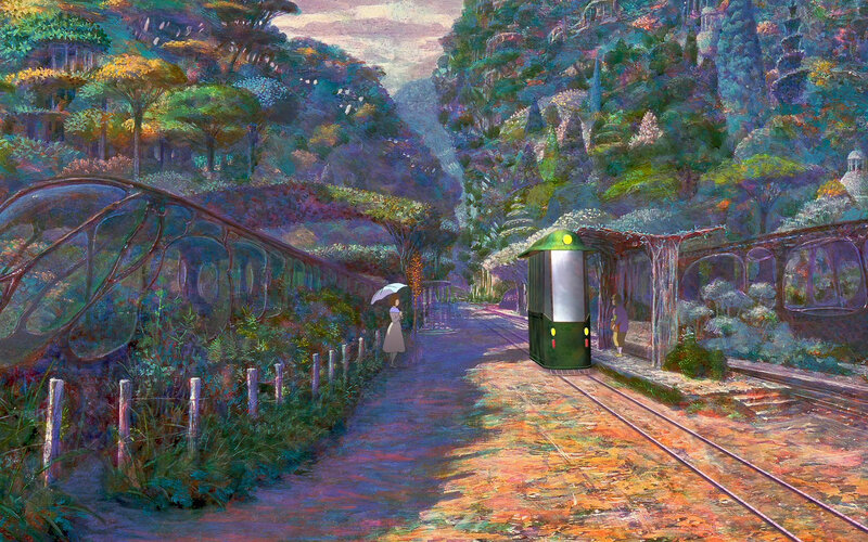 Woman with Umbrella at Train Station