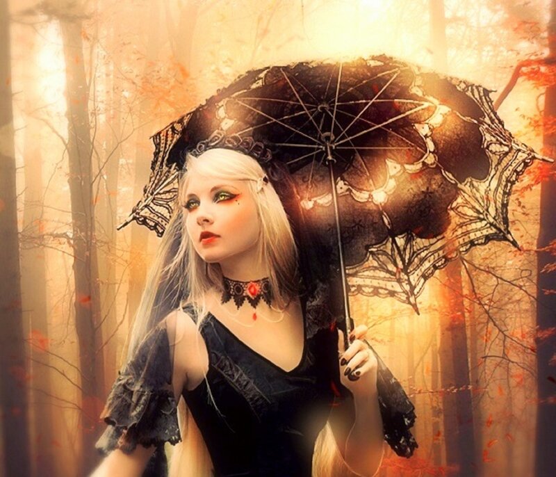 Woman with Umbrella — Black, Dramatic, Autumn