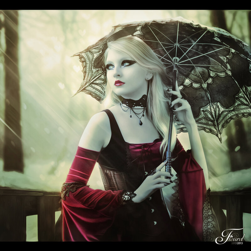 Woman with Umbrella — Black, Dramatic, Digital Art, Corset