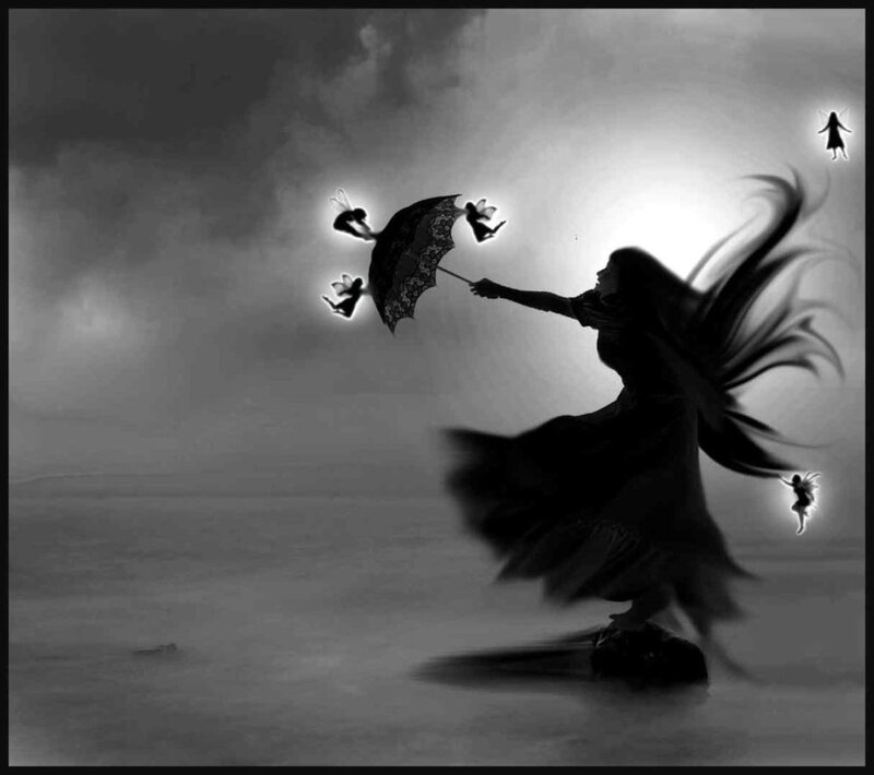 Woman with Umbrella — Black, Dramatic, Digital Art