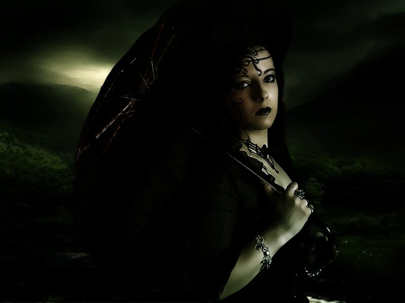 Woman with Umbrella — Black, Dramatic, Night, Digital Art, Face Paint