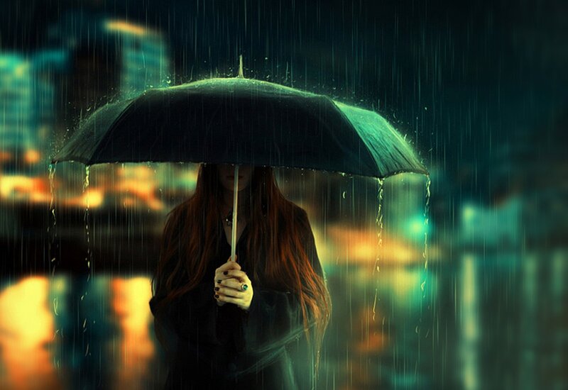 Woman with Umbrella — Black, Dramatic, Night, Digital Art, Rain