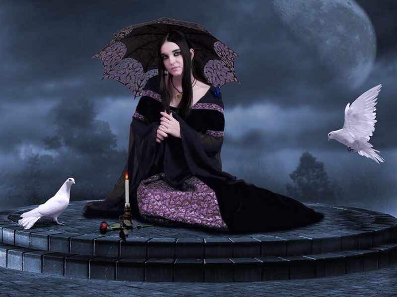Woman with Umbrella — Black, Dramatic, Night, Digital Art