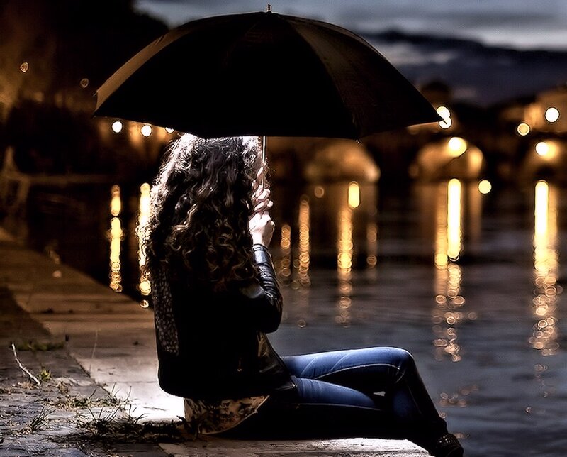 Woman with Umbrella — Black, Dramatic, Night, Photograph, River
