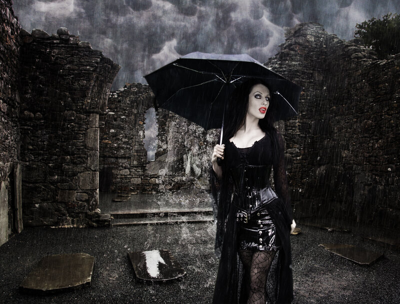 Woman with Umbrella — Black, Dramatic, Night, Photograph