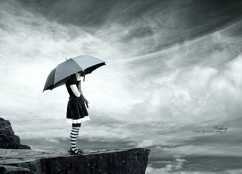 Woman with Umbrella — Black, Dramatic, Photograph