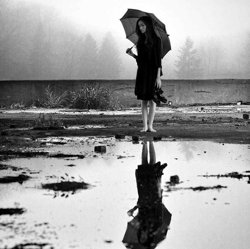 Woman with Umbrella — Black, Melancholic, Photograph