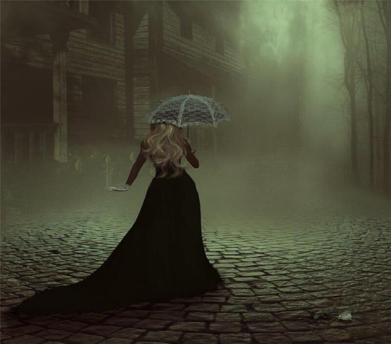 Woman with Umbrella — Black, Mysterious, Night