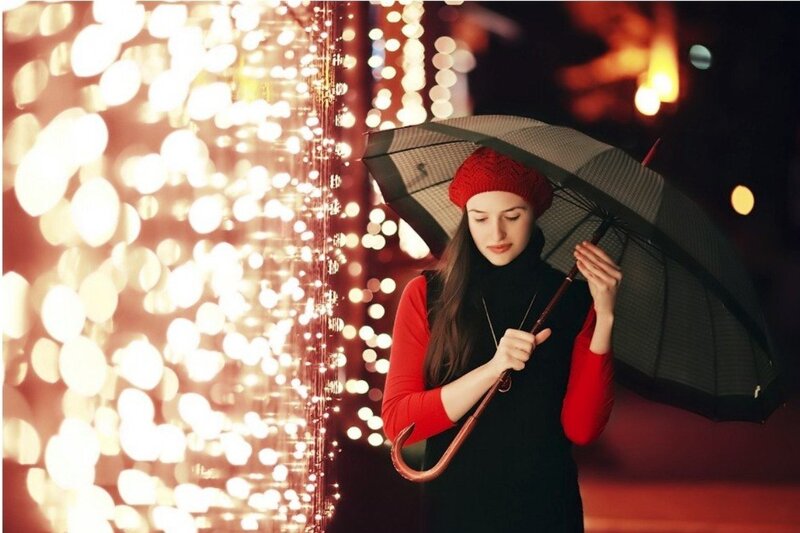 Woman with Umbrella — Black, Serene, Night