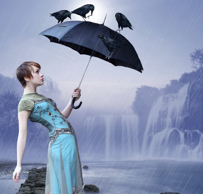 Woman with Umbrella — Blue, Dramatic, Digital Art