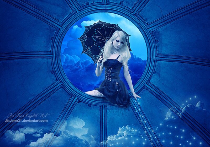 Woman with Umbrella — Blue, Dramatic, Night, Digital Art, Clouds
