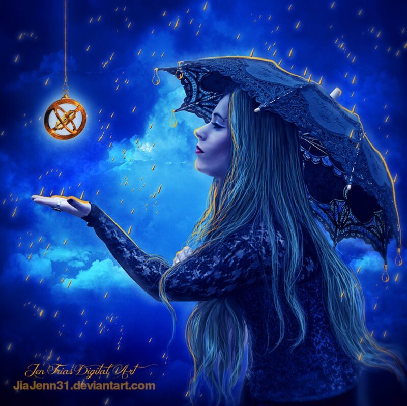 Woman with Umbrella — Blue, Dramatic, Night, Digital Art, Rain