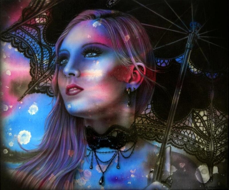 Woman with Umbrella — Blue, Dramatic, Night, Digital Art