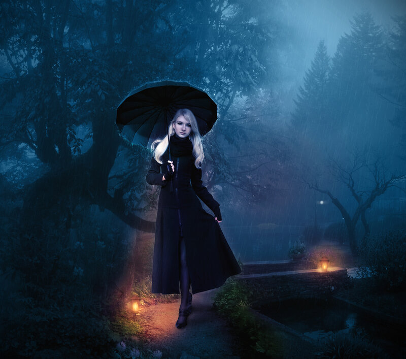 Woman with Umbrella — Blue, Dramatic, Night