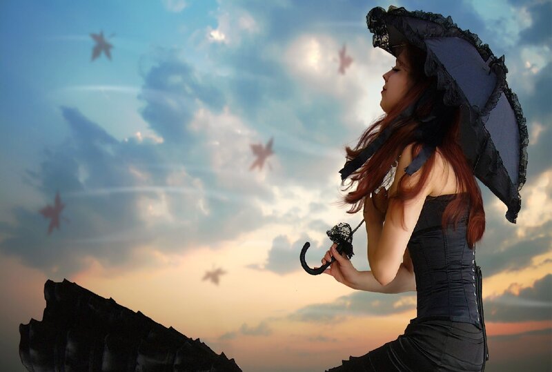 Woman with Umbrella — Blue, Dramatic, Sunset