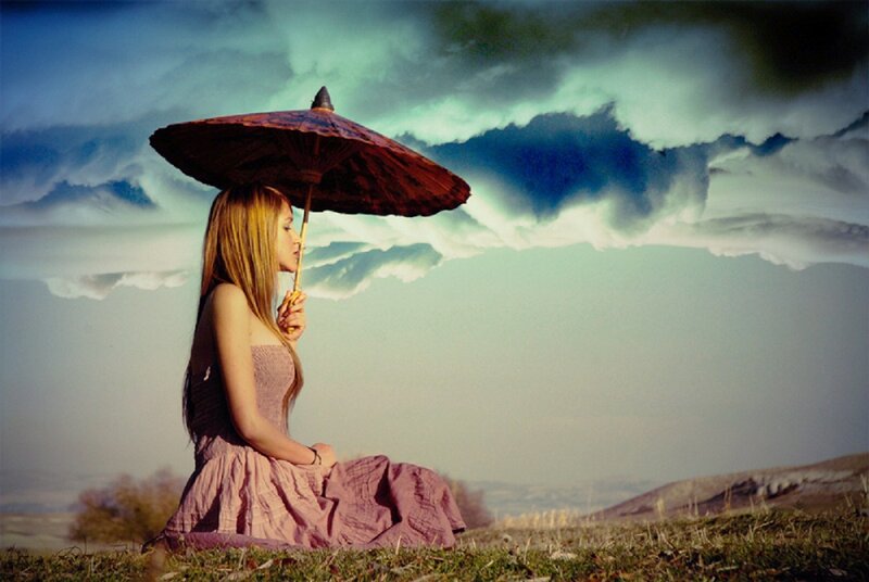 Woman with Umbrella — Blue, Dramatic