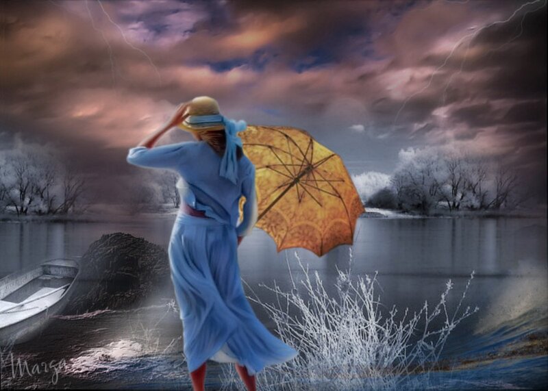 Woman with Umbrella — Blue, Dramatic, Winter