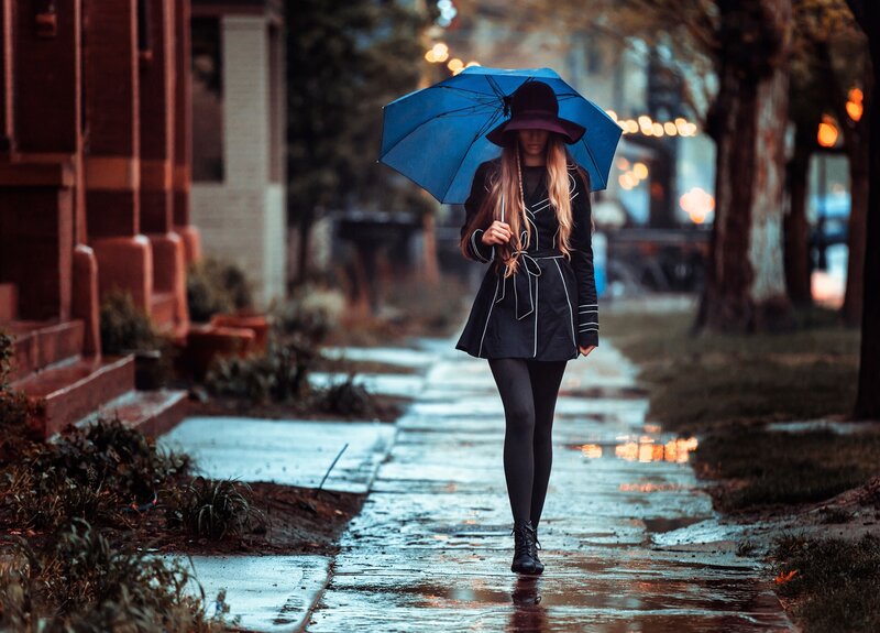 Woman with Umbrella — Blue, Melancholic, Night, Photograph