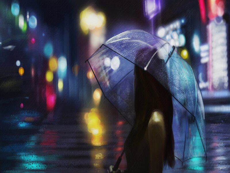 Woman with Umbrella — Blue, Melancholic