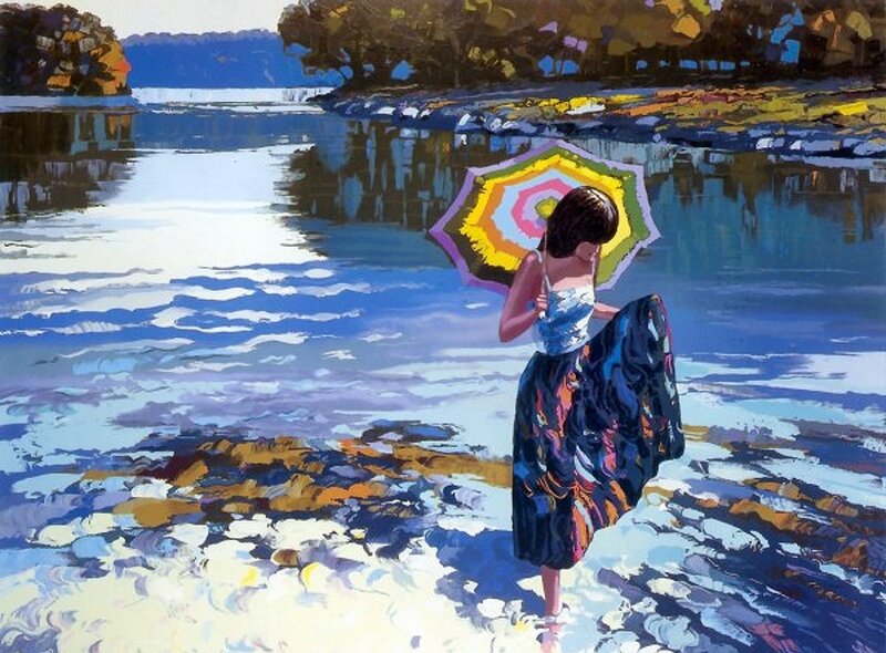 Woman with Umbrella — Blue, Serene, Afternoon, Painting
