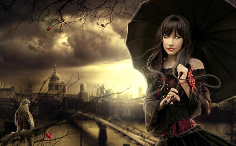 Woman with Umbrella — Brown, Dramatic, Sunset, Digital Art, Bird