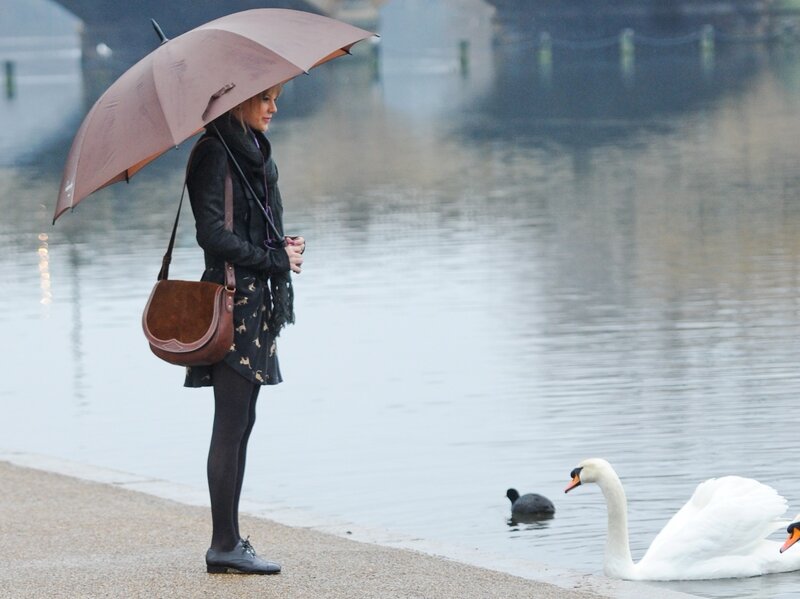Woman with umbrella by swan