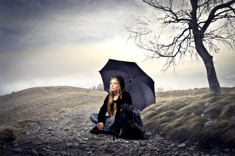 Woman with Umbrella — Gray, Dramatic, Afternoon, Photograph