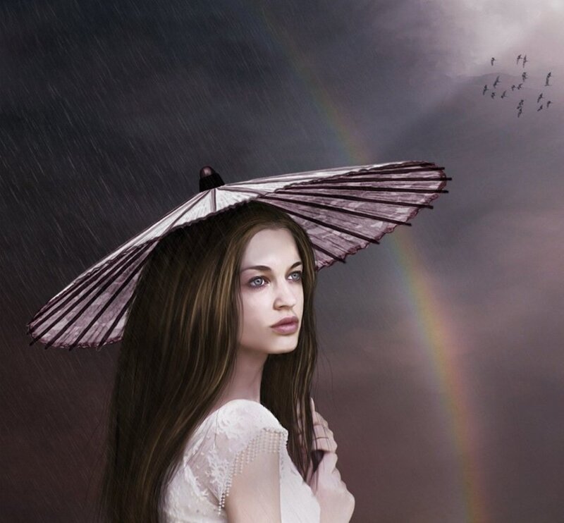 Woman with Umbrella — Gray, Dramatic, Digital Art, Rain