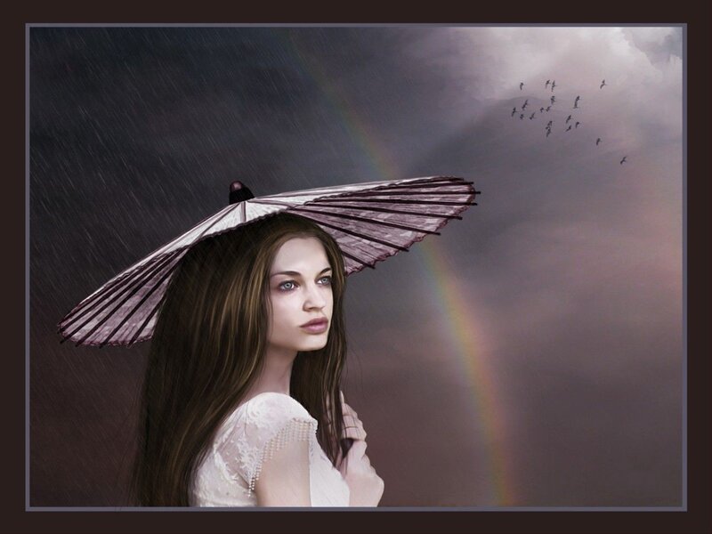 Woman with Umbrella — Gray, Dramatic, Digital Art, Rainbow