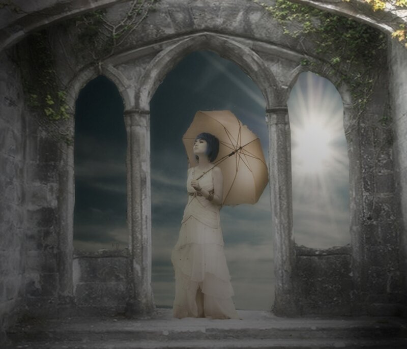 Woman with Umbrella — Gray, Dramatic, Digital Art