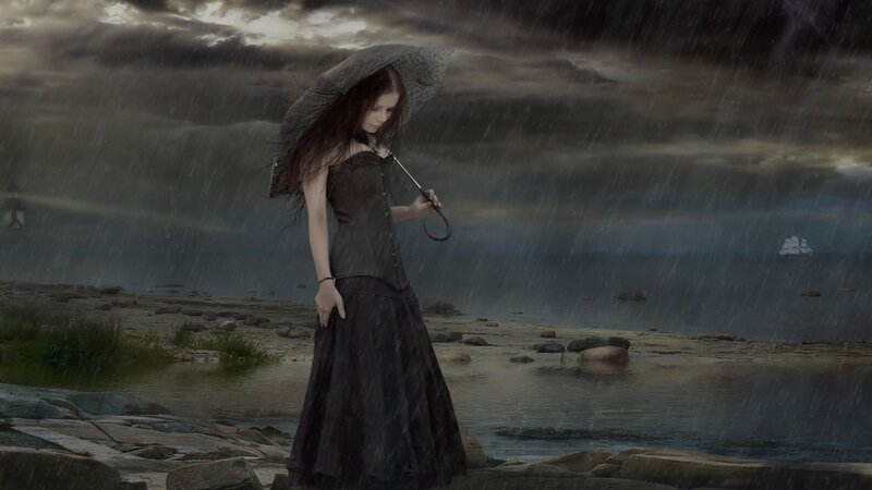 Woman with Umbrella — Gray, Dramatic, Night, Digital Art, Rain