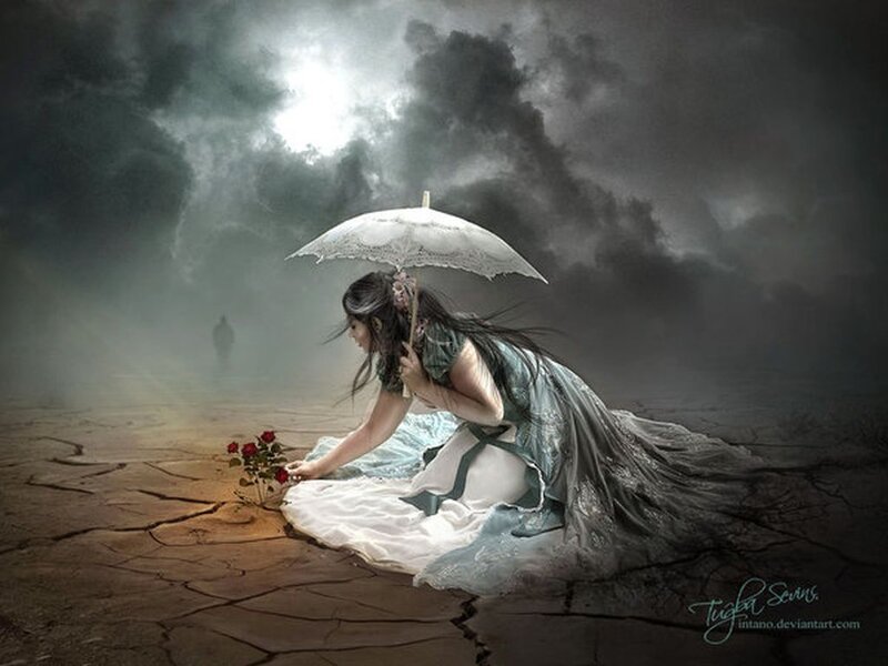 Woman with Umbrella — Gray, Dramatic, Night, Digital Art, Rose