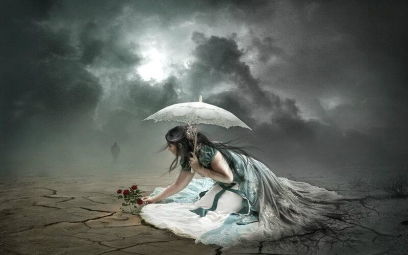 Woman with Umbrella — Gray, Dramatic, Night, Digital Art