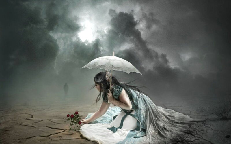 Woman with Umbrella — Gray, Dramatic, Night
