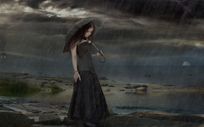 Woman with Umbrella — Gray, Dramatic