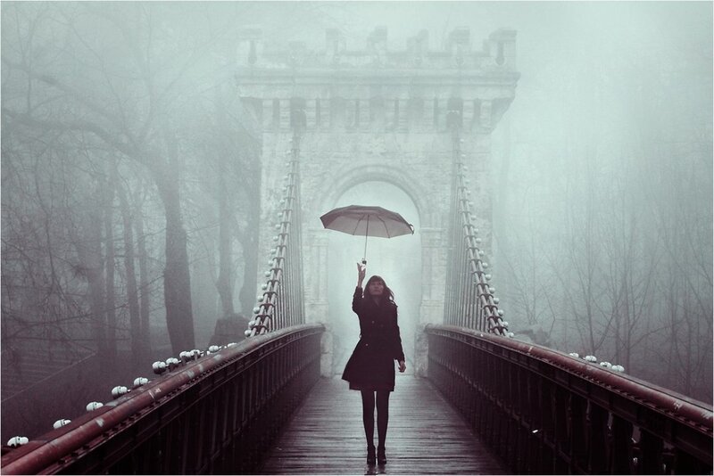 Woman with Umbrella — Gray, Mysterious