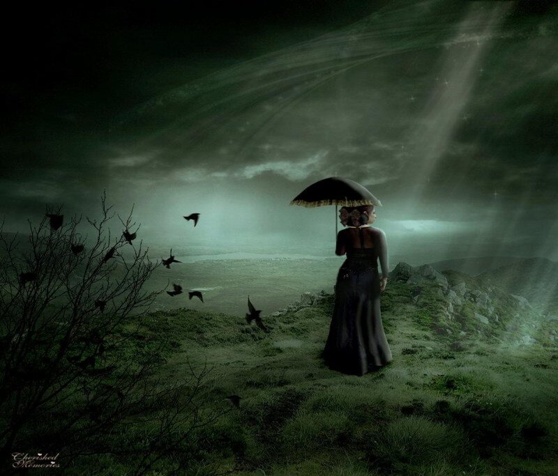 Woman with Umbrella — Green, Dramatic, Night, Digital Art