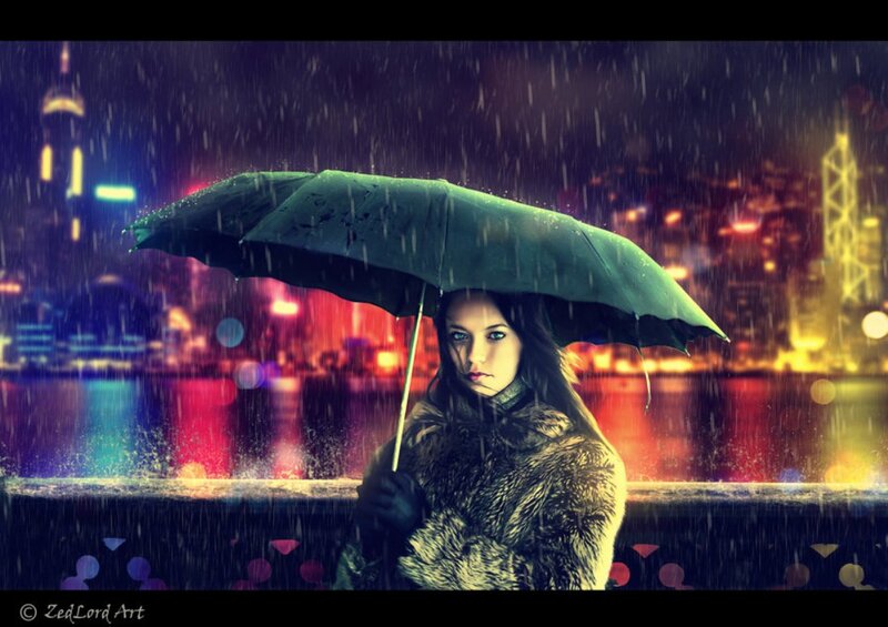 Woman with Umbrella — Green, Dramatic, Night