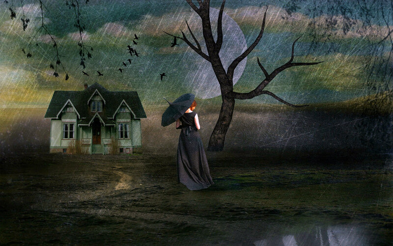 Woman with Umbrella — Green, Dramatic