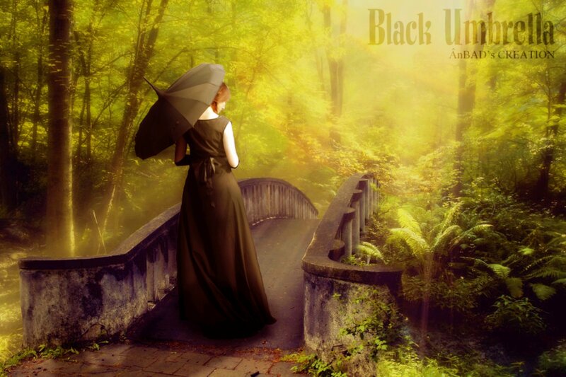 Woman with Umbrella — Green, Serene, Afternoon, Digital Art