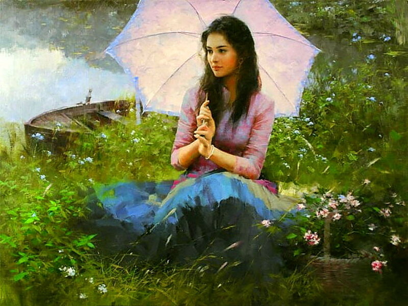 Woman with Umbrella — Green, Serene, Afternoon, Painting